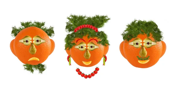 Conjunto Creativo Concepto Comida Pocos Retratos Divertidos Verduras Frutas — Foto de Stock