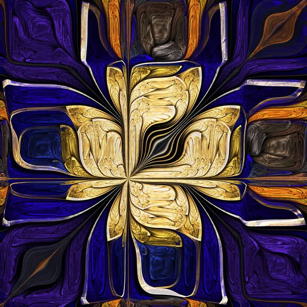 Abstract Stylized flower. Blue, gold. Modern art. You can use it for stained-glass window, tile, mosaic, ceramic, notebook covers, phone case, postcards, cards, wallpapers. Artwork for design, art.
