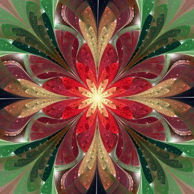 Renkli simetrik fraktal çiçek boyalı cam pencere tarzında. Tasarım elementi. Davetiyeler, defter kılıfları, telefon kılıfı, kartpostallar vesaire için kullanabilirsiniz. Yaratıcı tasarım için sanat.