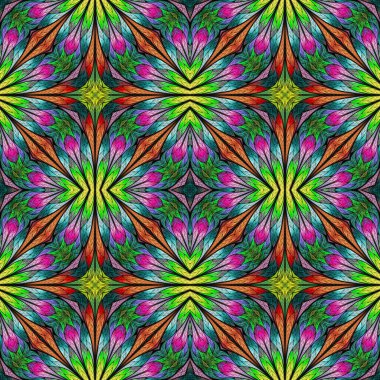 Renkli çiçek desenleri, vitray şeklinde. Davetiyeler, defter kılıfları, telefon kılıfları, kartpostallar, duvar kağıtları için kullanabilirsin. Pembe, yeşil. Yaratıcı tasarım için sanat.