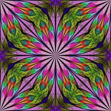 Renkli fraktal çiçek, vitray şeklinde. Davetiyeler, defter kılıfları, telefon kılıfı, kartpostallar, duvar kağıtları için kullanabilirsin. Pembe, yeşil.