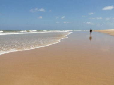 Mavi gökyüzü ve yürüyüş bir kişi ile bir güneşli yaz gününde kumlu bir plaj üzerinde geliyor köpük ile dalga deniz