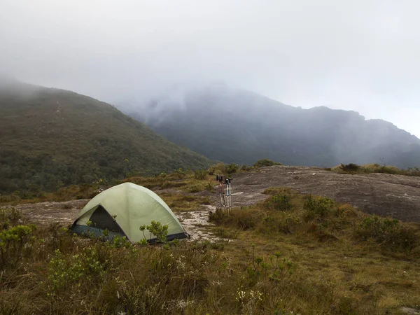 camping tent on a cloudy and rainy day