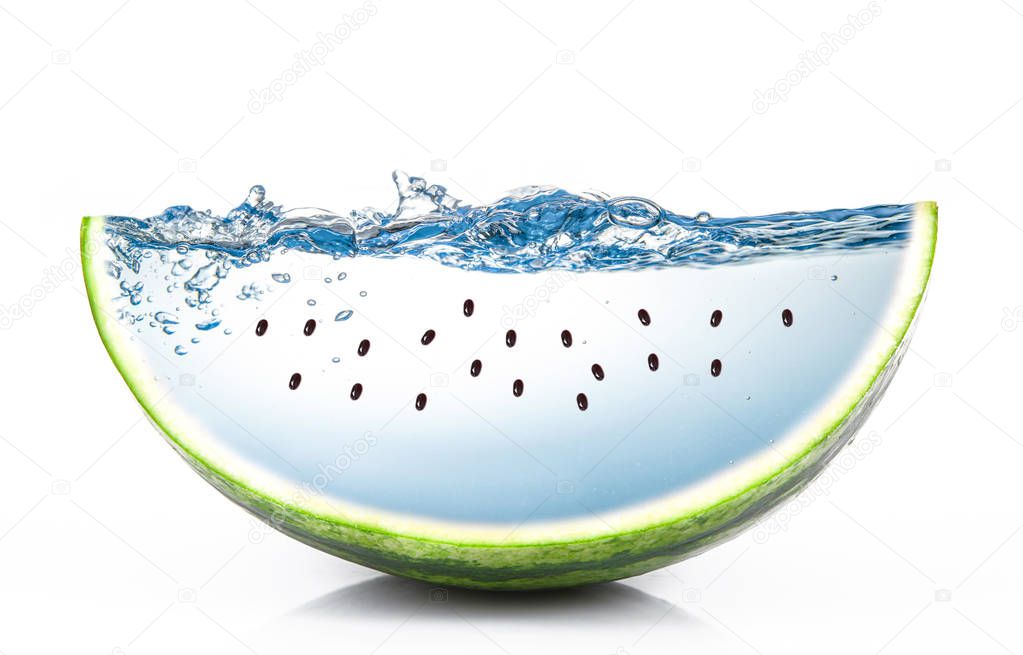 fresh watermelon falling in water