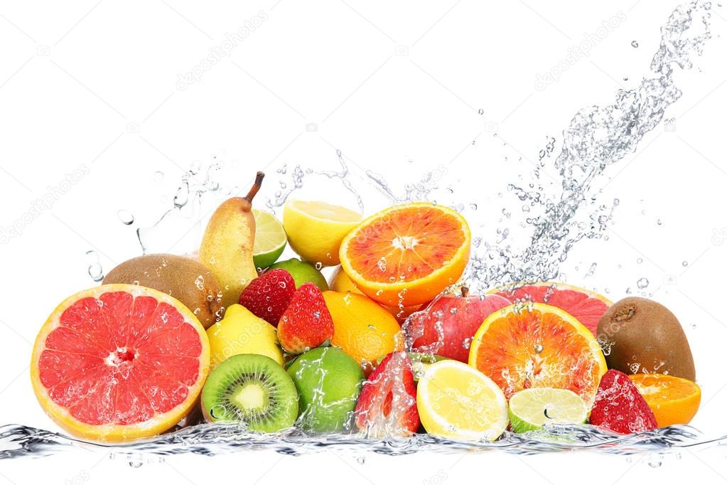 fresh fruits falling in water