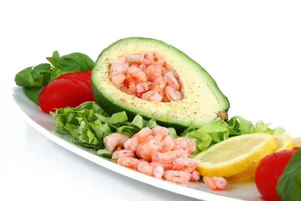 Avocado and shrimps on white background — Stock Photo, Image