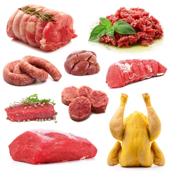 Carne su collage di backgrouind bianco — Foto Stock