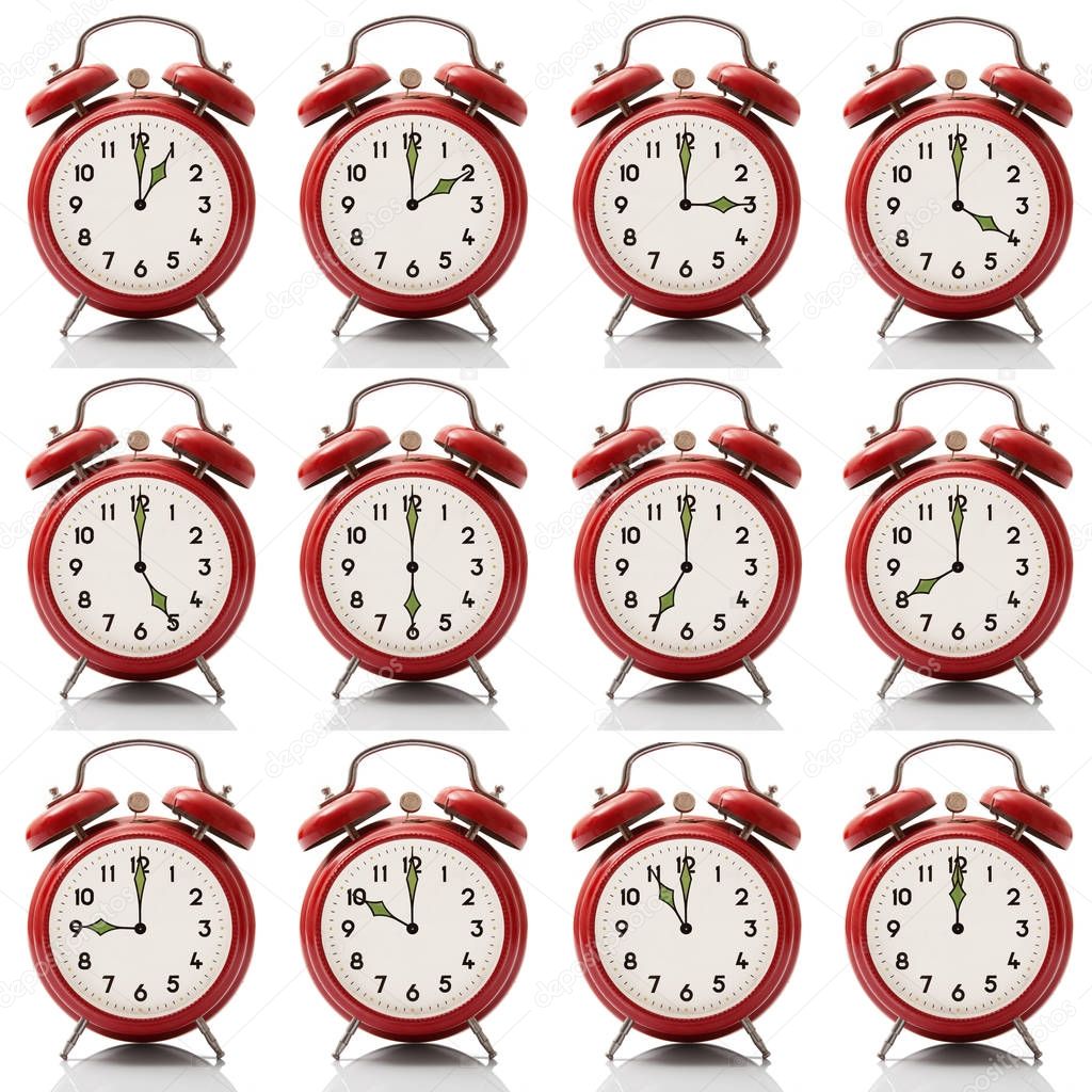 collage alarm clock at every hour on white background