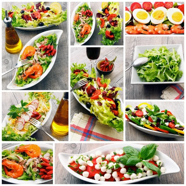 Salade collage na drewnianym stole — Zdjęcie stockowe