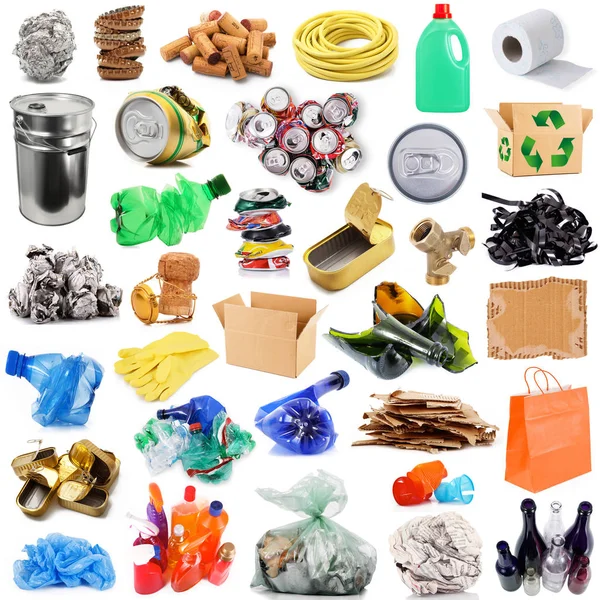 Recycleerbaar afval collage op witte achtergrond — Stockfoto