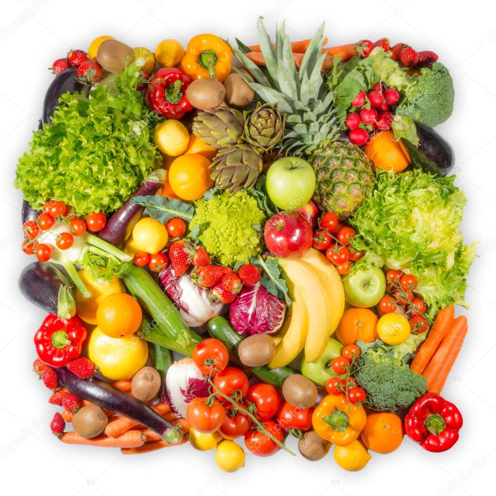 fruit and vegetables collage on white background