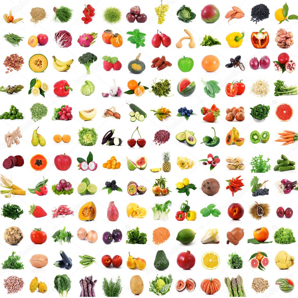 fruit and vegetables collage on white background