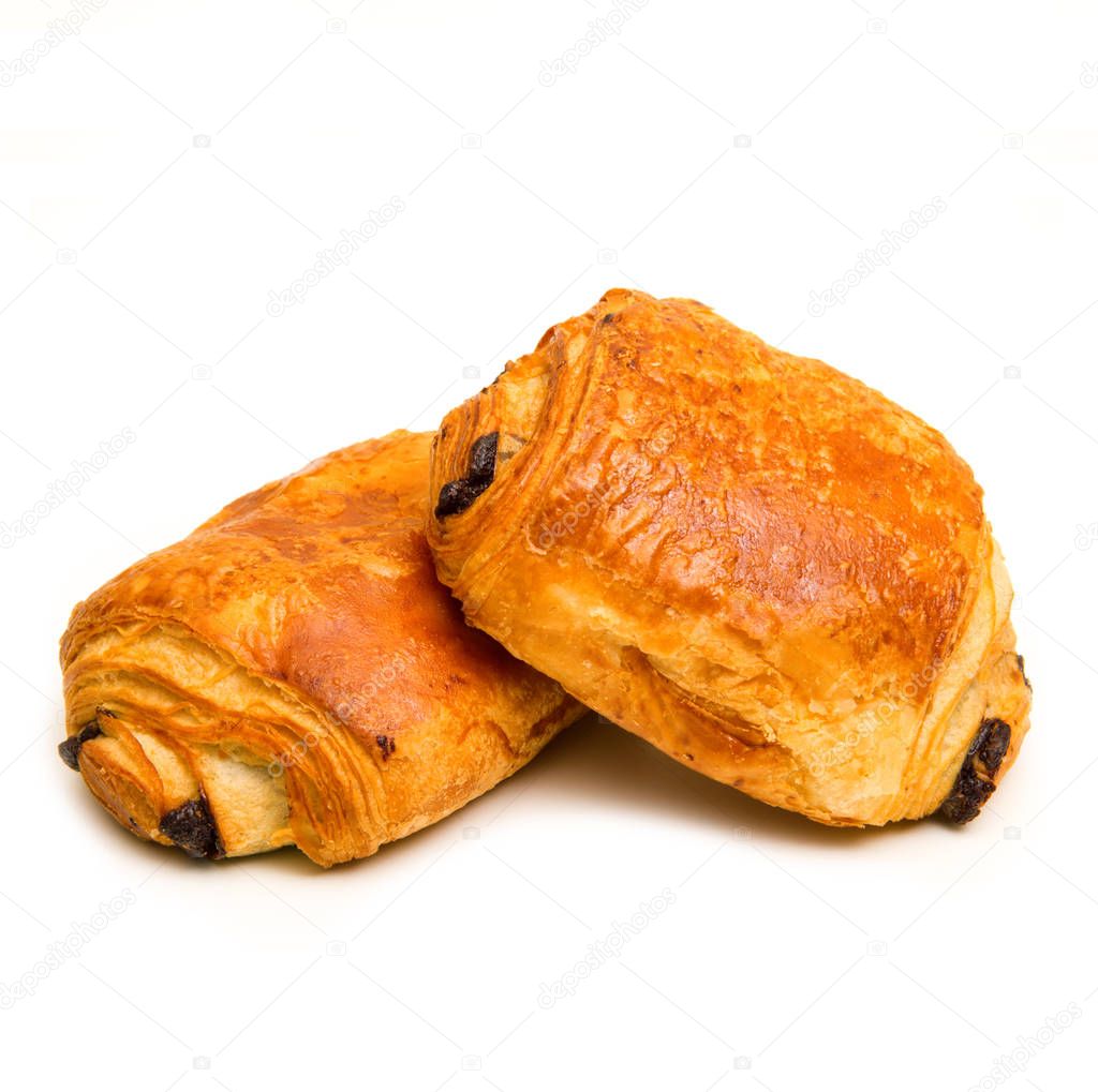 french croissant with chocolate on white background