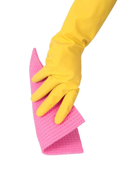 Hand with glove and sponge on white background — Stock Photo, Image