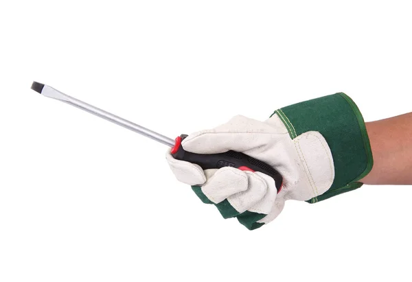 Hand held screwdriver with gloves on white background — Stock Photo, Image