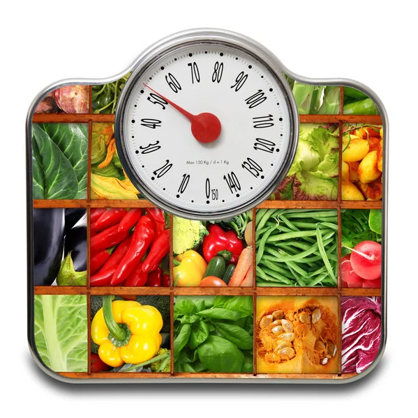 Scales for people with fruit and vegetables in white background — Stock Photo, Image