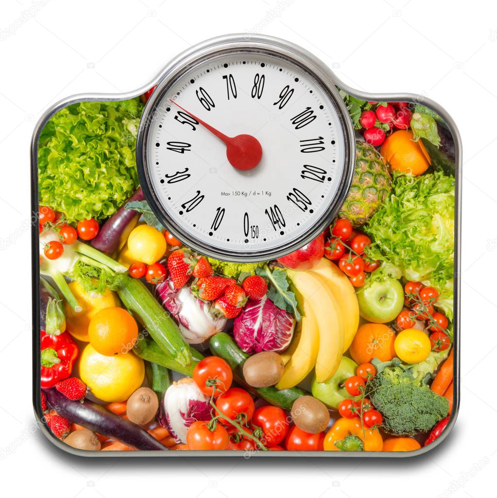 Scales for people with fruit and vegetables in white background