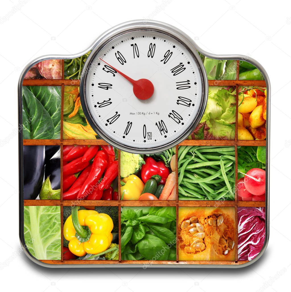 Scales for people with fruit and vegetables in white background