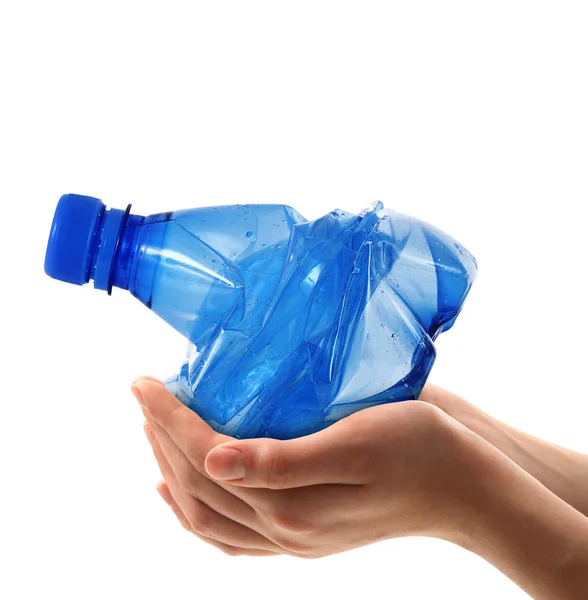 Plastic bottle hand-held in white background — Stock Photo, Image