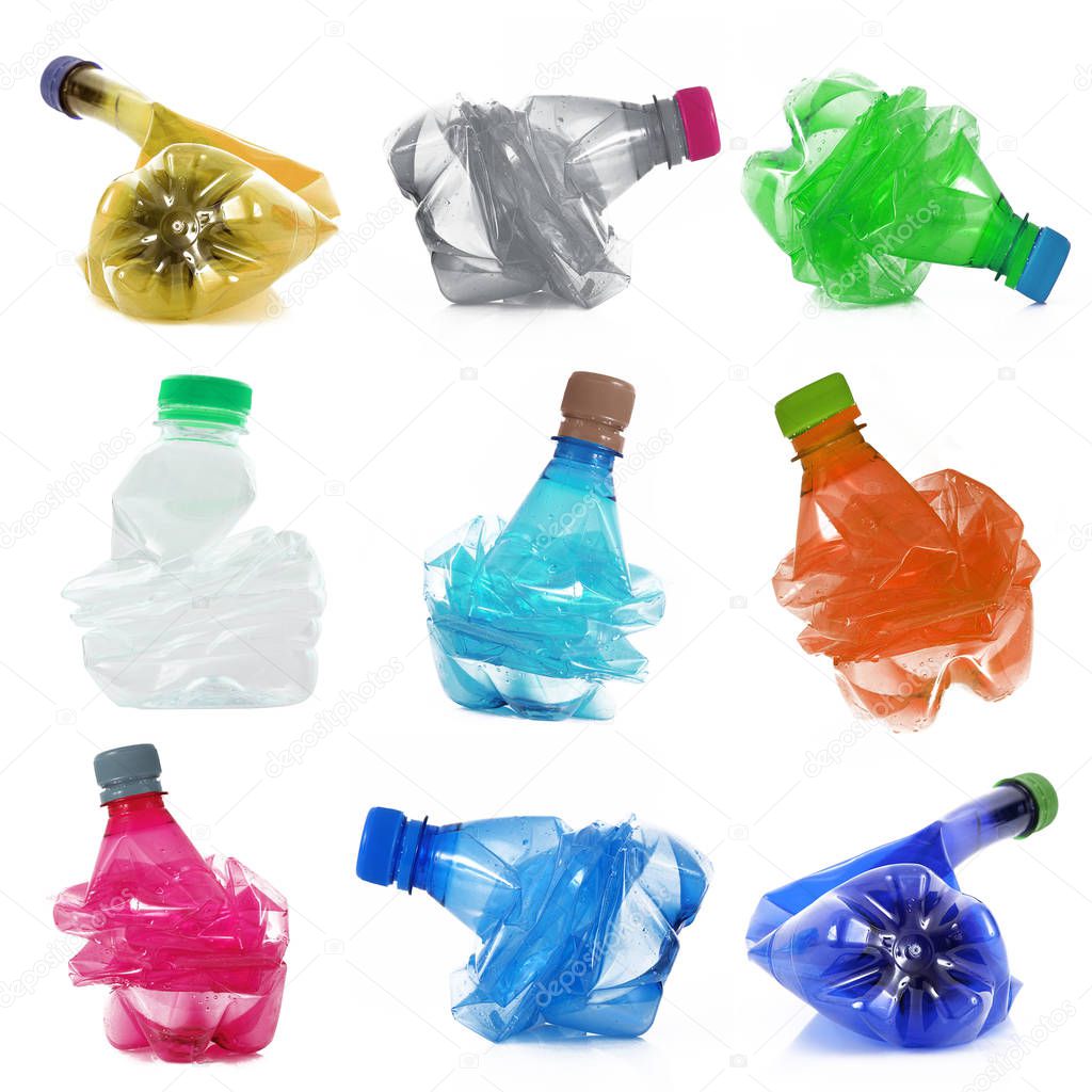 plastic bottles collage in white background