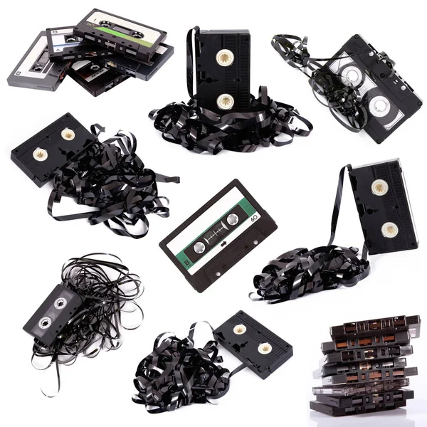 Audio cassette tape collage on white background — Stock Photo, Image