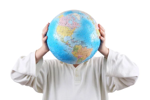 Boy holding with hands a globe in place of head — Stock Photo, Image