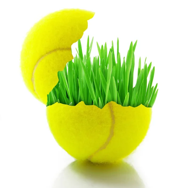 Теннисный мяч с травой на белом фоне — стоковое фото