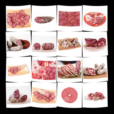 İtalyan salamı ve jambon beyaz arka planda koleksiyonu