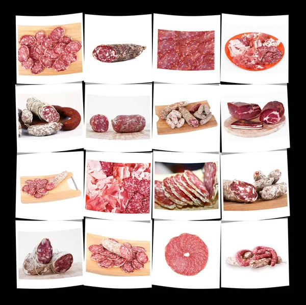 Kollektion italienischer Salami und Schinken auf weißem Hintergrund — Stockfoto