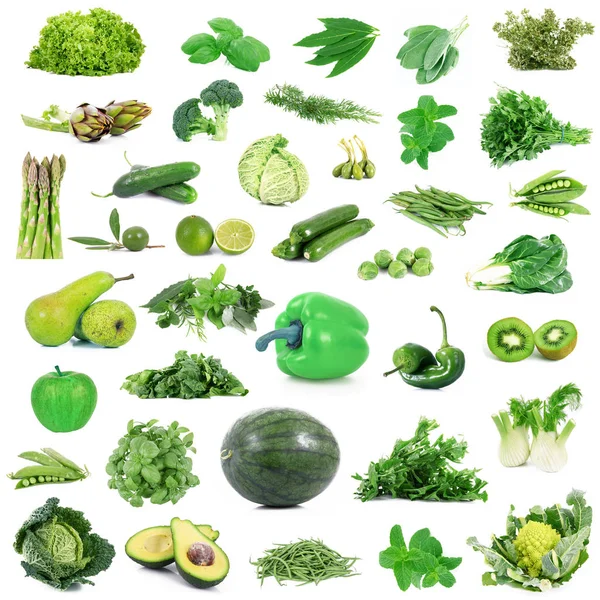 Colagem de gastronomia verde global em fundo branco — Fotografia de Stock