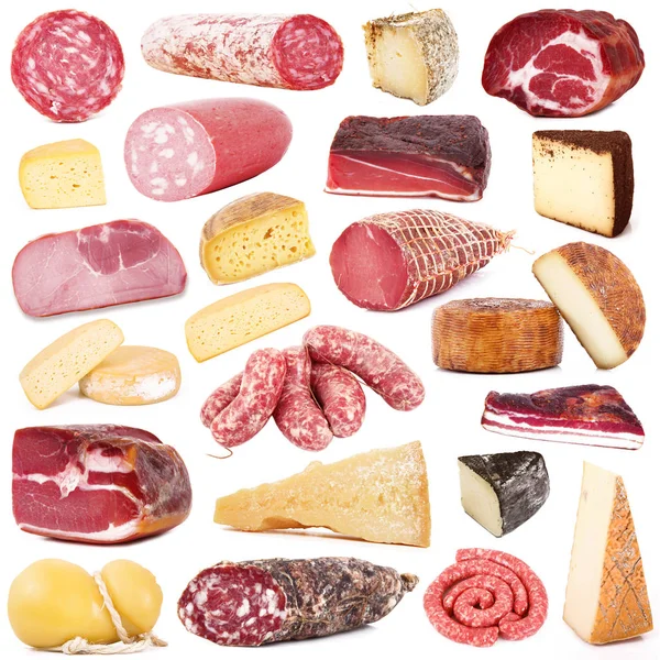 Italienische Salami-Schinken-Käse-Collage auf weißem Hintergrund — Stockfoto