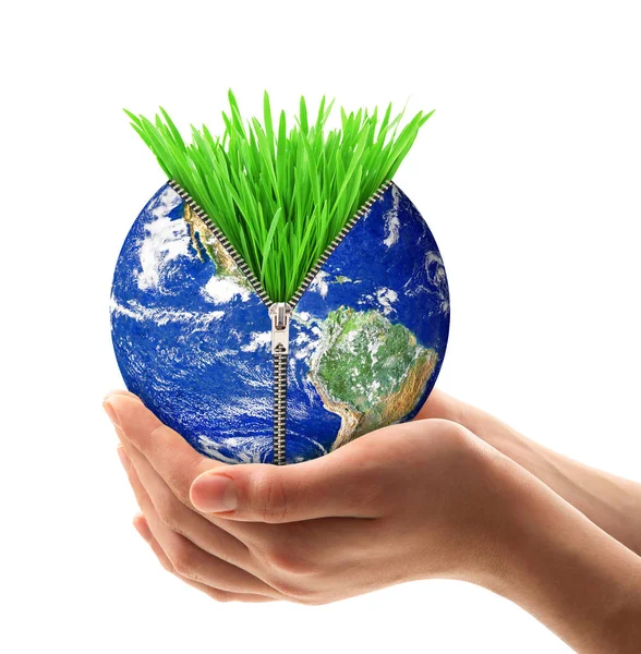 Planeta Tierra con hierba de mano — Foto de Stock
