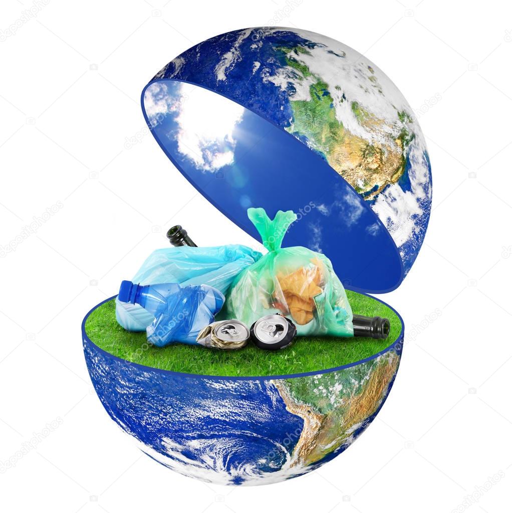 planet Earth with garbage on white background