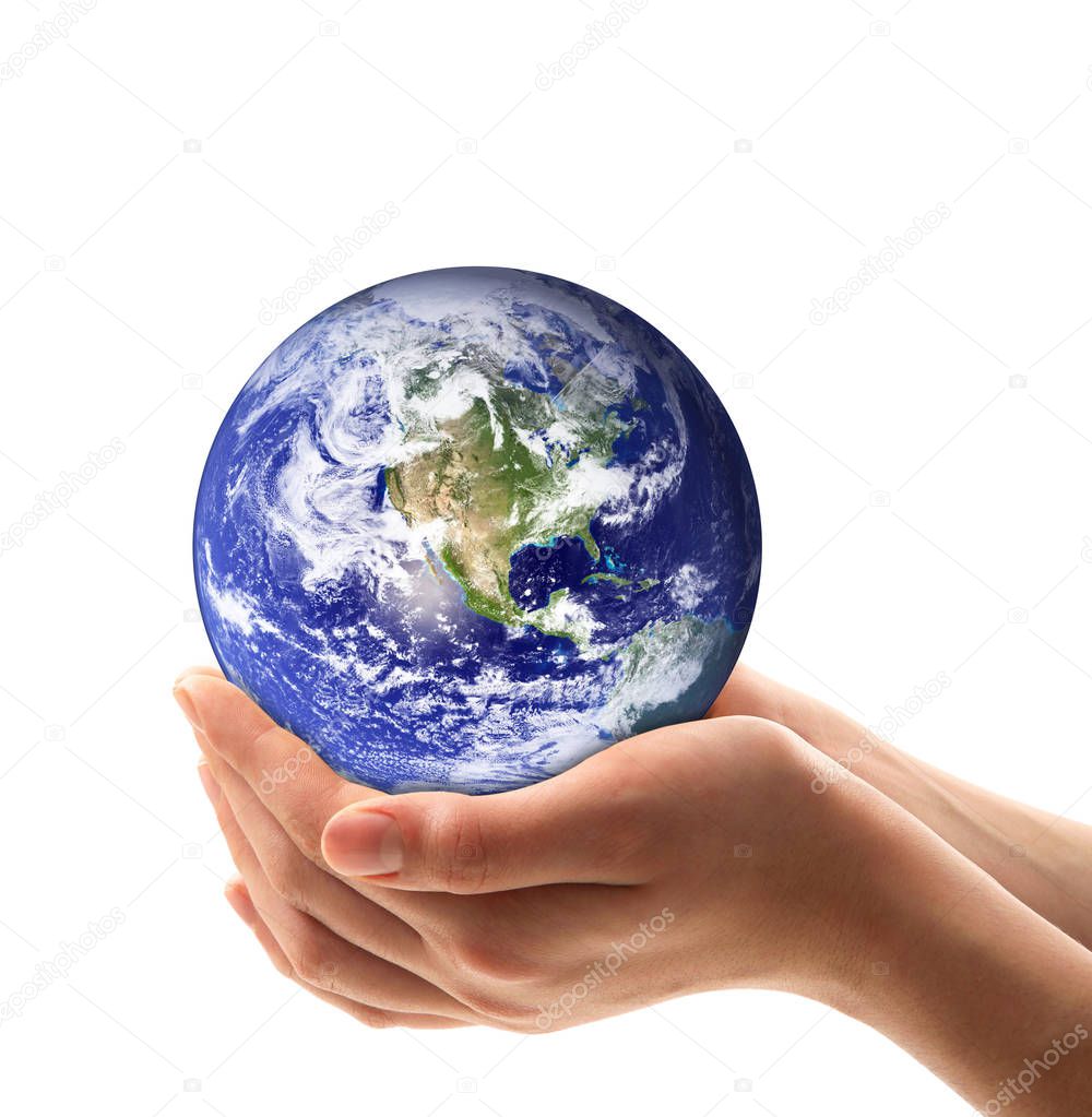 Earth in hands on white background