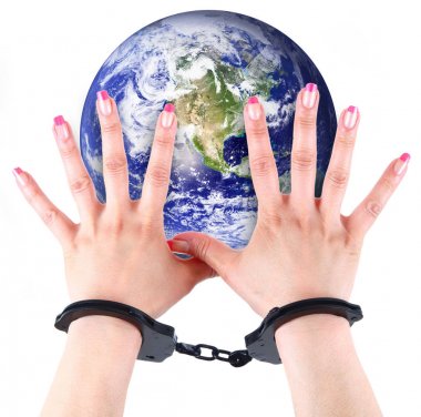  elleri ve kelepçe ile Dünya gezegeninin