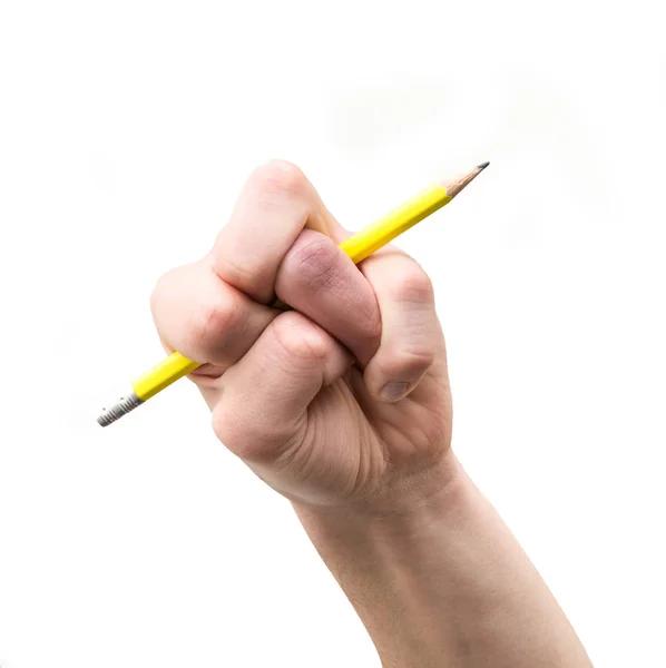 Förvrängd hand med penna i vit bakgrund — Stockfoto