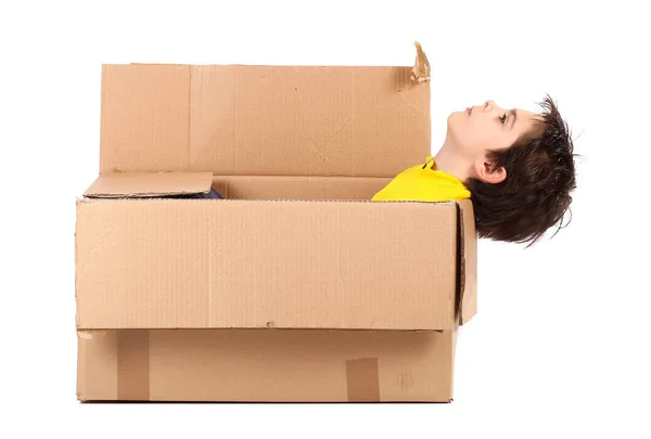 Boy and carton box on white background — Stock Photo, Image