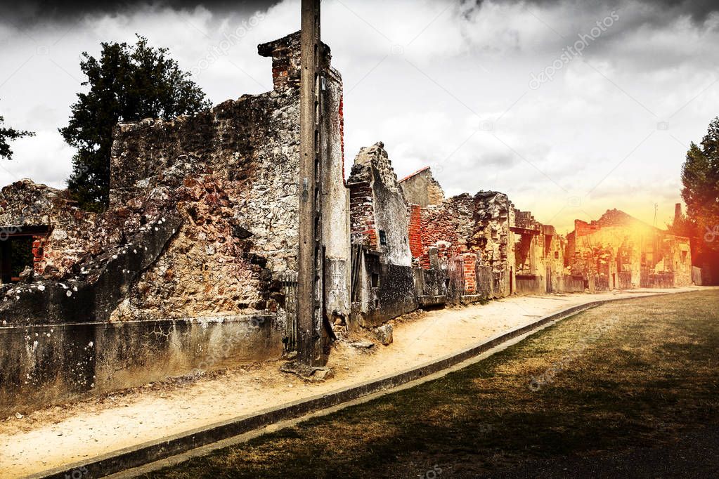 Ruins of houses destroyed by bombardment