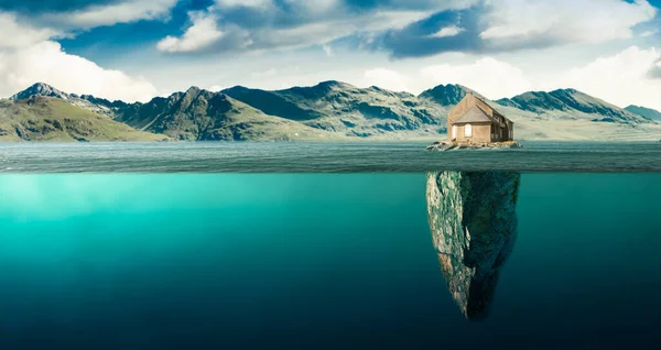 Uma Casa Isolada Uma Ilha Meio Baía — Fotografia de Stock