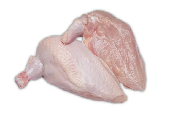Carne de frango crua em um fundo branco. Carne fresca de frango. Filé de frango fresco com uma asa em um fundo branco. Comida saudável. Chiken supreme.Isolate . — Fotografia de Stock