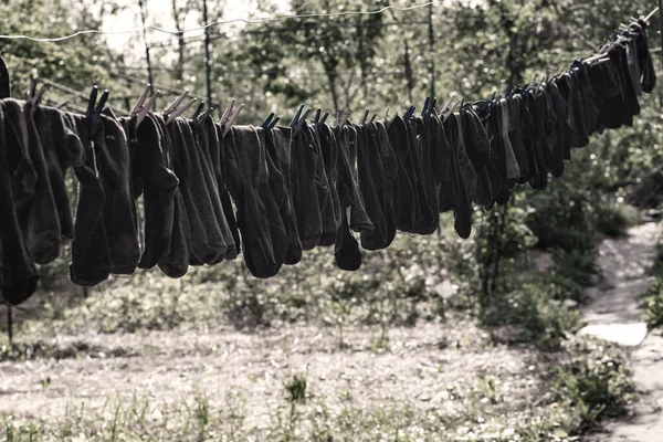 Drying clothes on the street on a sunny summer day.