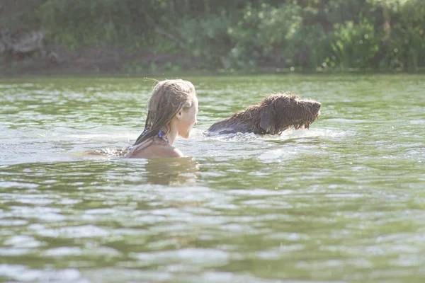 Güneşli bir yaz gününde köpekle nehirde oynayan küçük bir kız. Doğada köpekle oynamak ve sahilde evcil hayvanlarla yürümek. — Stok fotoğraf