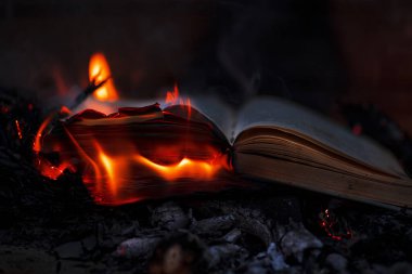 Kitap yakmaktan arkaplan. Kırmızı alev yanan kitaplar. Sayfalarca kitap yakma. Kitaplar yanıyor. Yanan düşünceler, haberler.