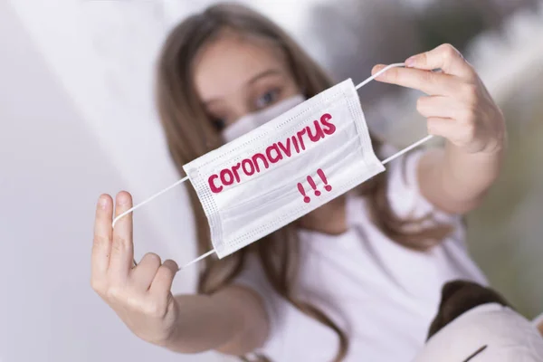 Coronovirus Quarantine Concept Personal Little Girl Sitting Window Her Hands — Stock Photo, Image