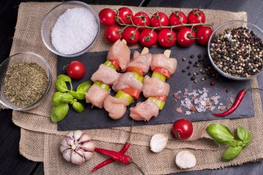 Siyah tabakta domates ve baharatlı tavuk kebabı..