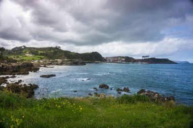 Muhteşem manzara okyanus, uçurumlar, plaj, Yeşiller ve çiçekler ile 