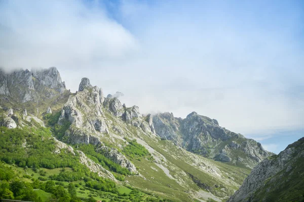 Beautiful nature of Spain: Picos de Europa mountain peaks and to — Stock Photo, Image