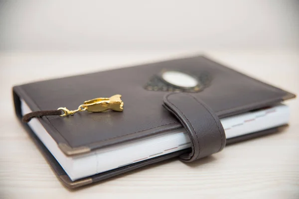 Cuaderno de cuero marrón hecho a mano, planificador para negocios o educati — Foto de Stock