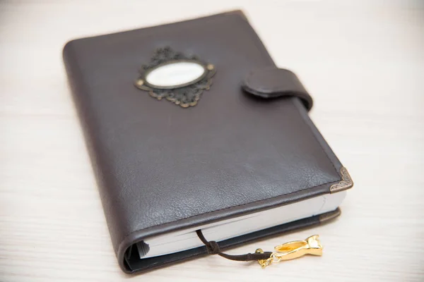 Handgemachtes braunes Leder-Notizbuch, Planer für Unternehmen oder Bildungseinrichtungen — Stockfoto