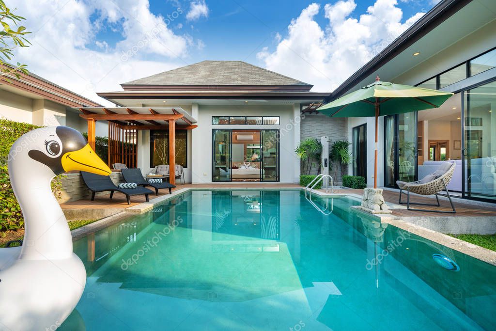 Swimming pool in tropical garden pool villa feature floating balloon